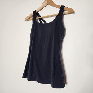 Lucy Athletic Womens Medium Black Tank Top Shelf Bra Criss Cross Back Zip Pocket